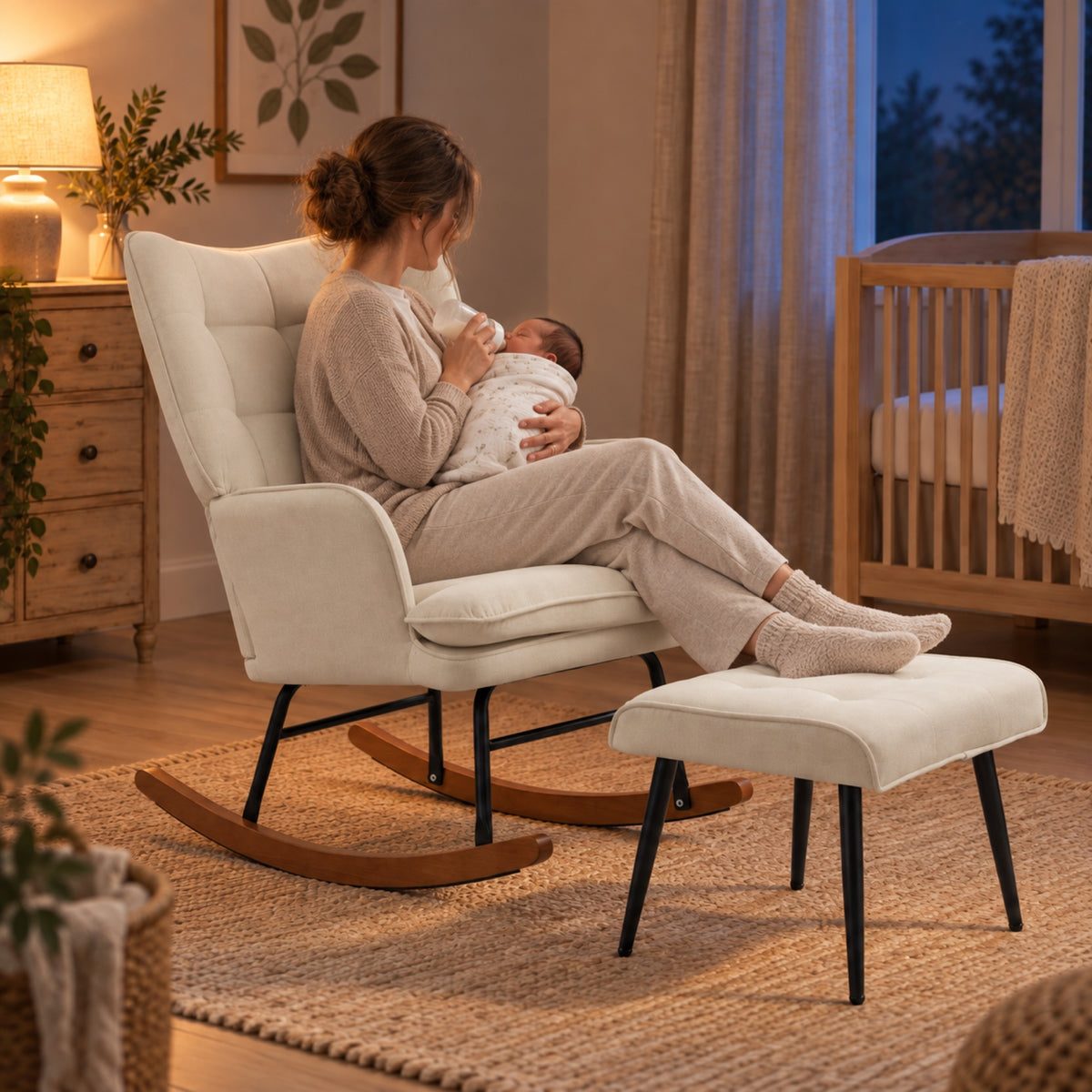 Fauteuil à bascule effet lin, à oreilles, avec repose-pieds, à l'usage, coloris Crème