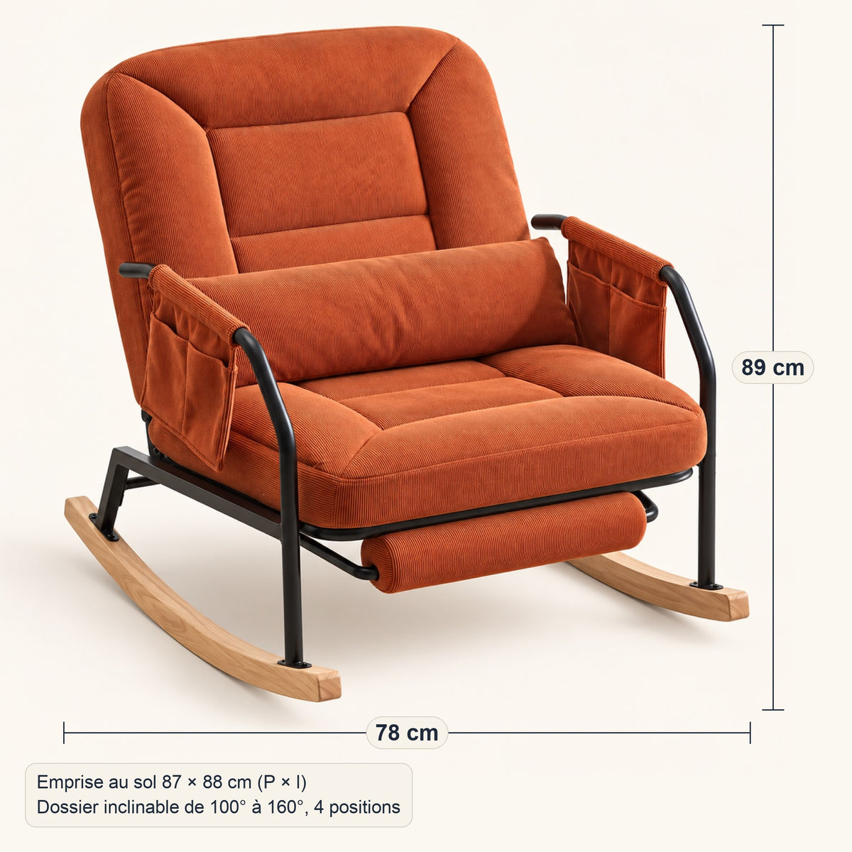 Fauteuil à bascule inclinable en velours côtelé terracotta, dimensions