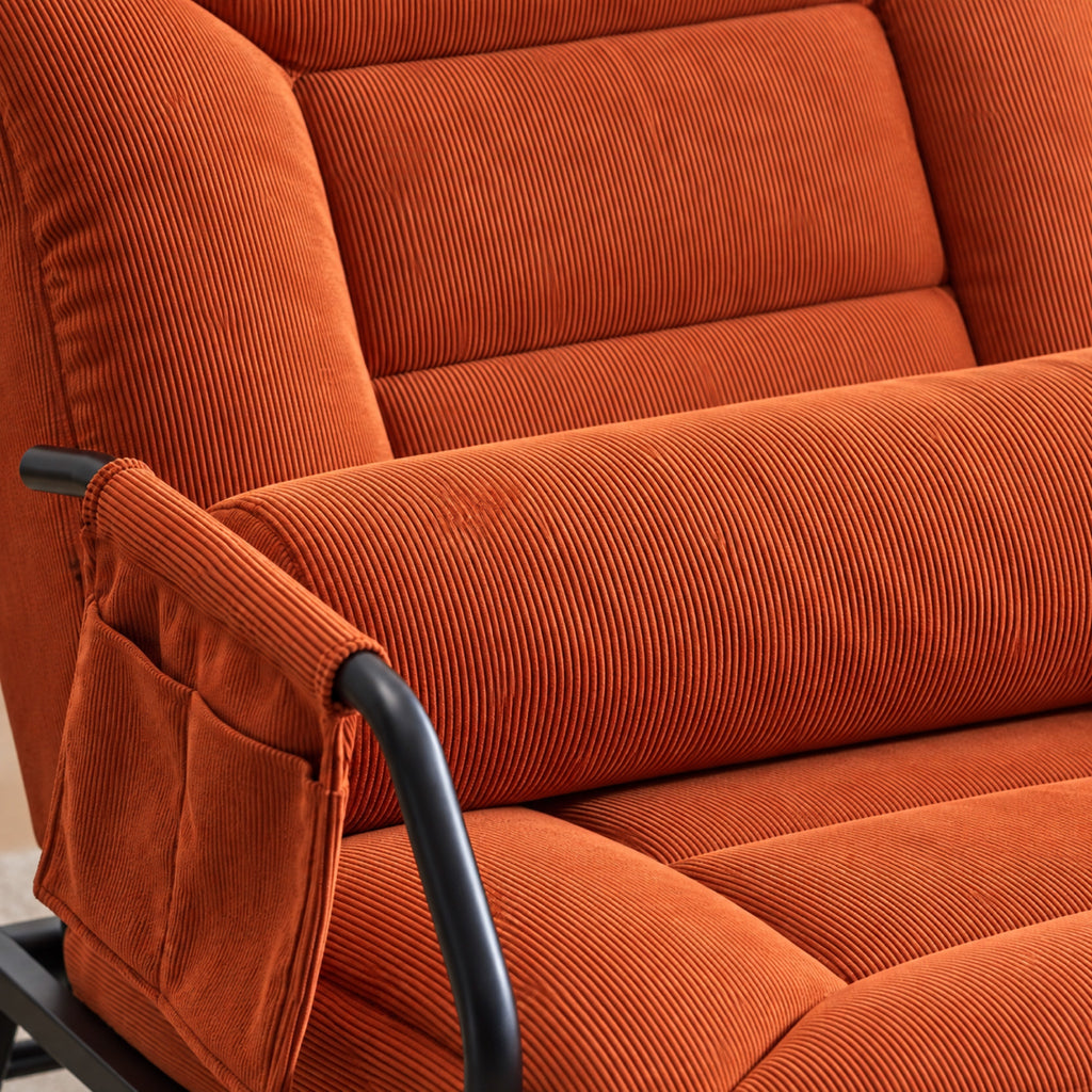 Fauteuil à bascule inclinable en velours côtelé terracotta, gros plan sur la matière