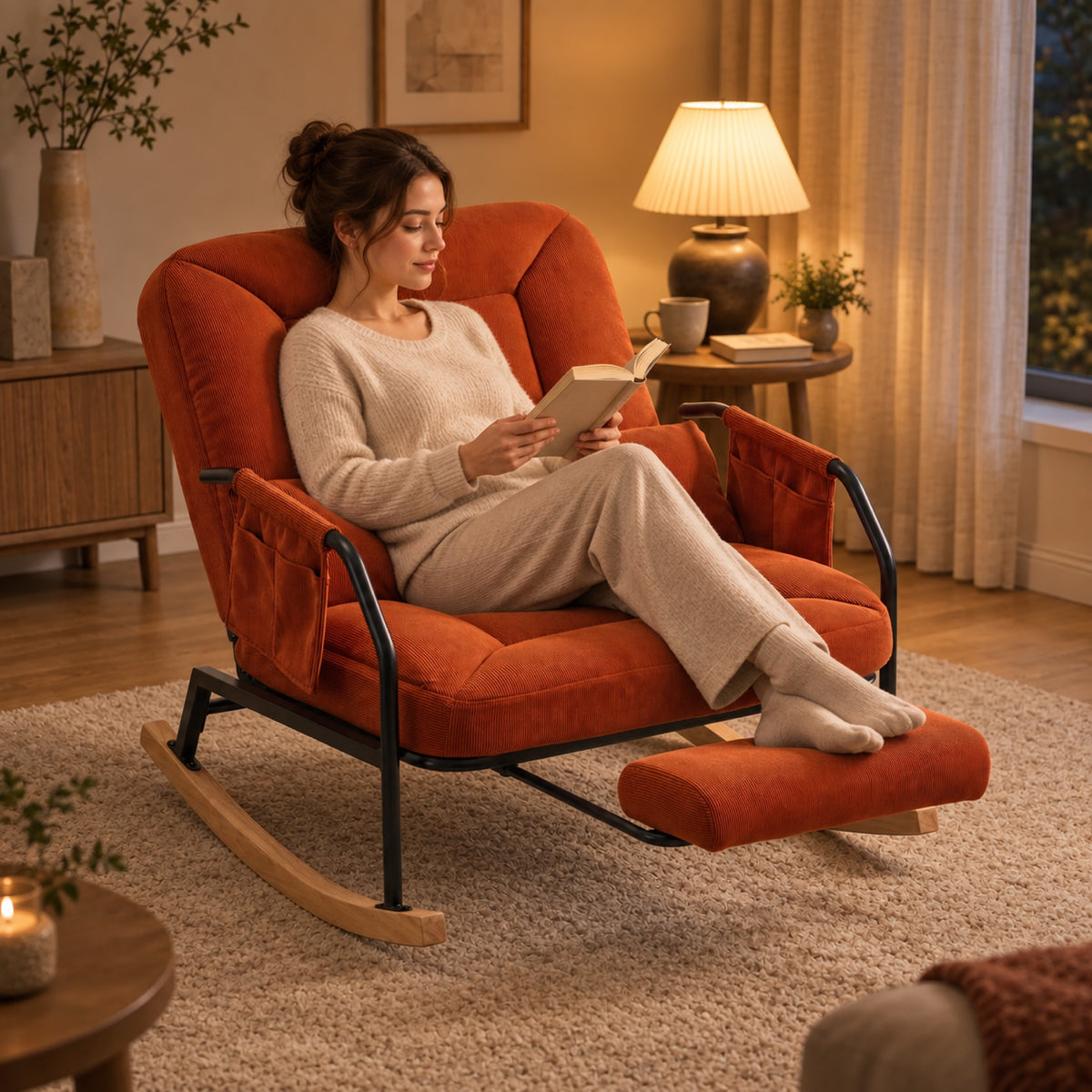 Fauteuil à bascule inclinable en velours côtelé terracotta, à l'usage