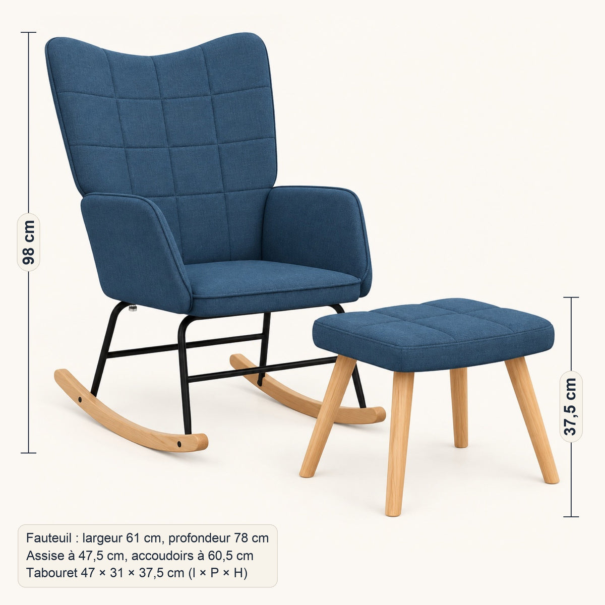 Dimensions : Fauteuil à bascule à oreilles en tissu, avec tabouret