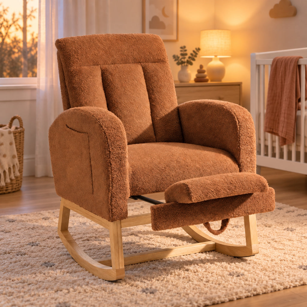 Fauteuil à bascule teddy caramel, repose-pieds escamotable, vue principale