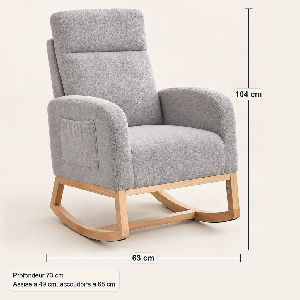 Fauteuil à bascule en teddy gris clair, dossier haut, dimensions