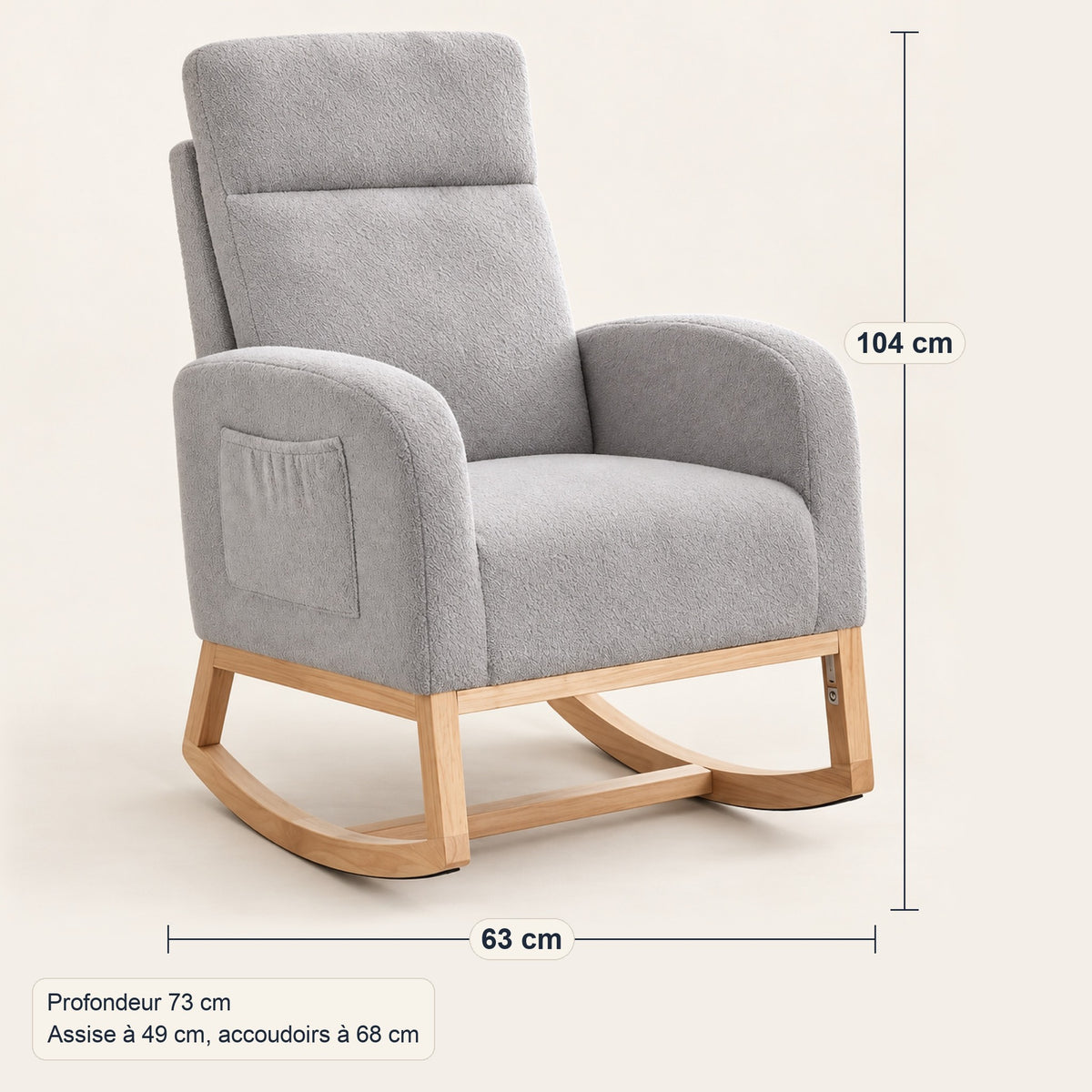 Fauteuil à bascule en teddy gris clair, dossier haut, dimensions