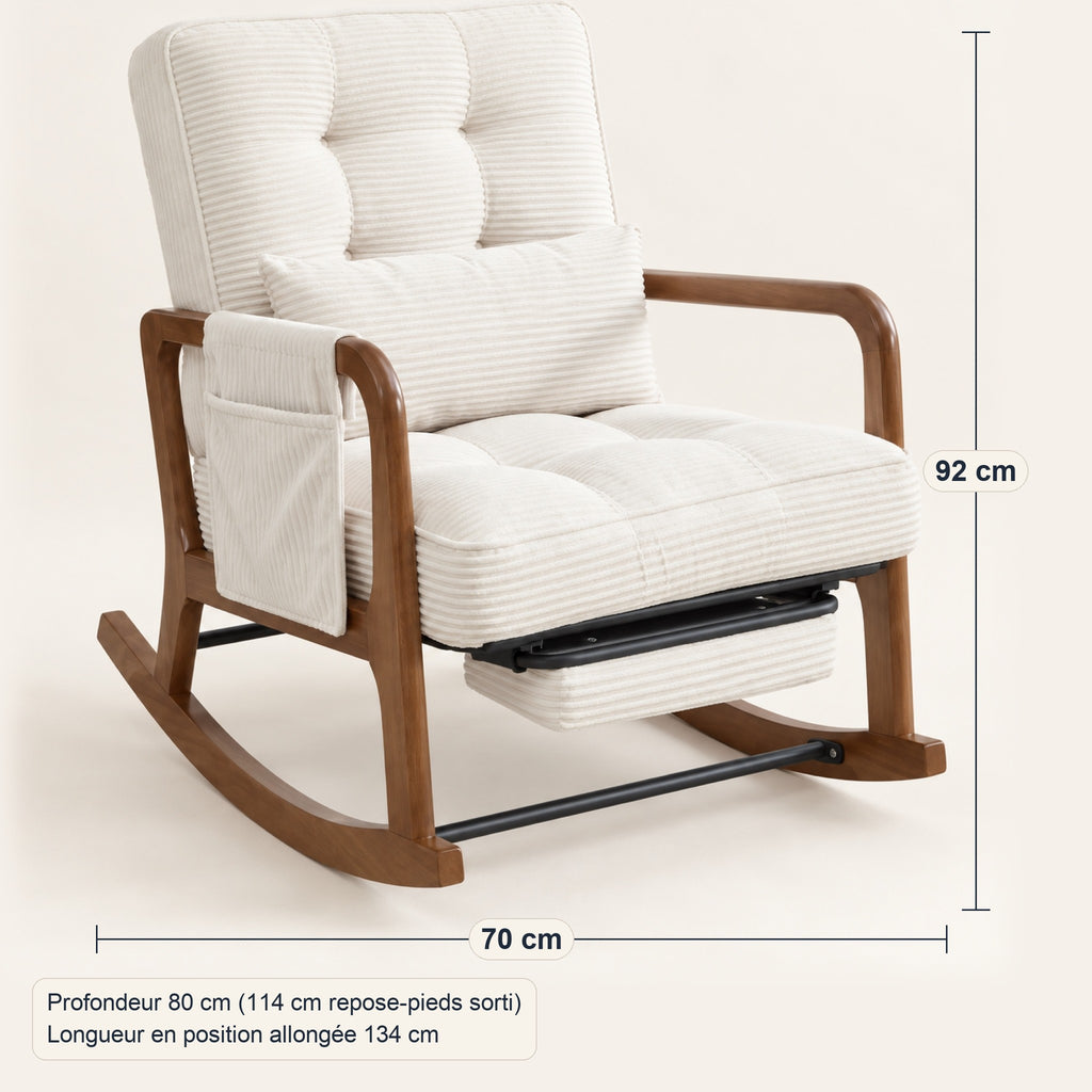 Fauteuil à bascule en velours côtelé, repose-pieds intégré, dimensions