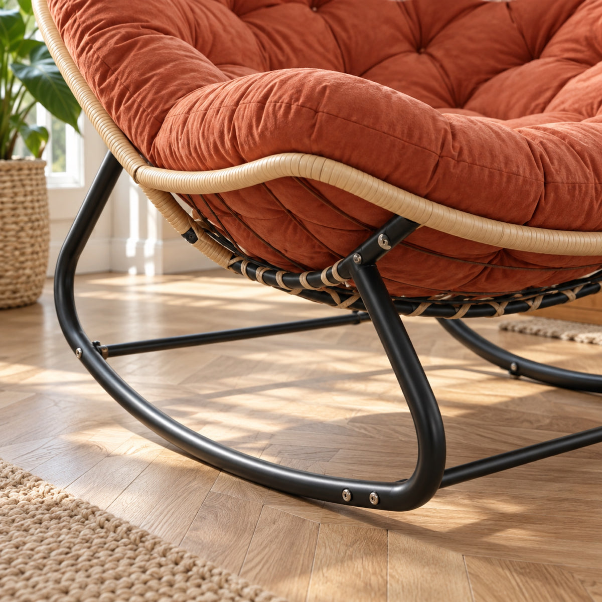 Fauteuil à bascule XXL, coussin capitonné épais, détail de fabrication, coloris Terracotta