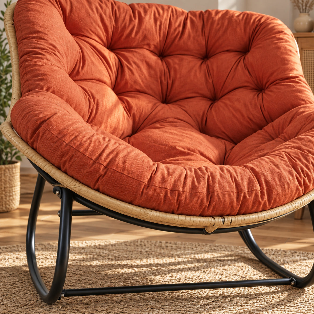 Fauteuil à bascule XXL, coussin capitonné épais, gros plan sur la matière, coloris Terracotta