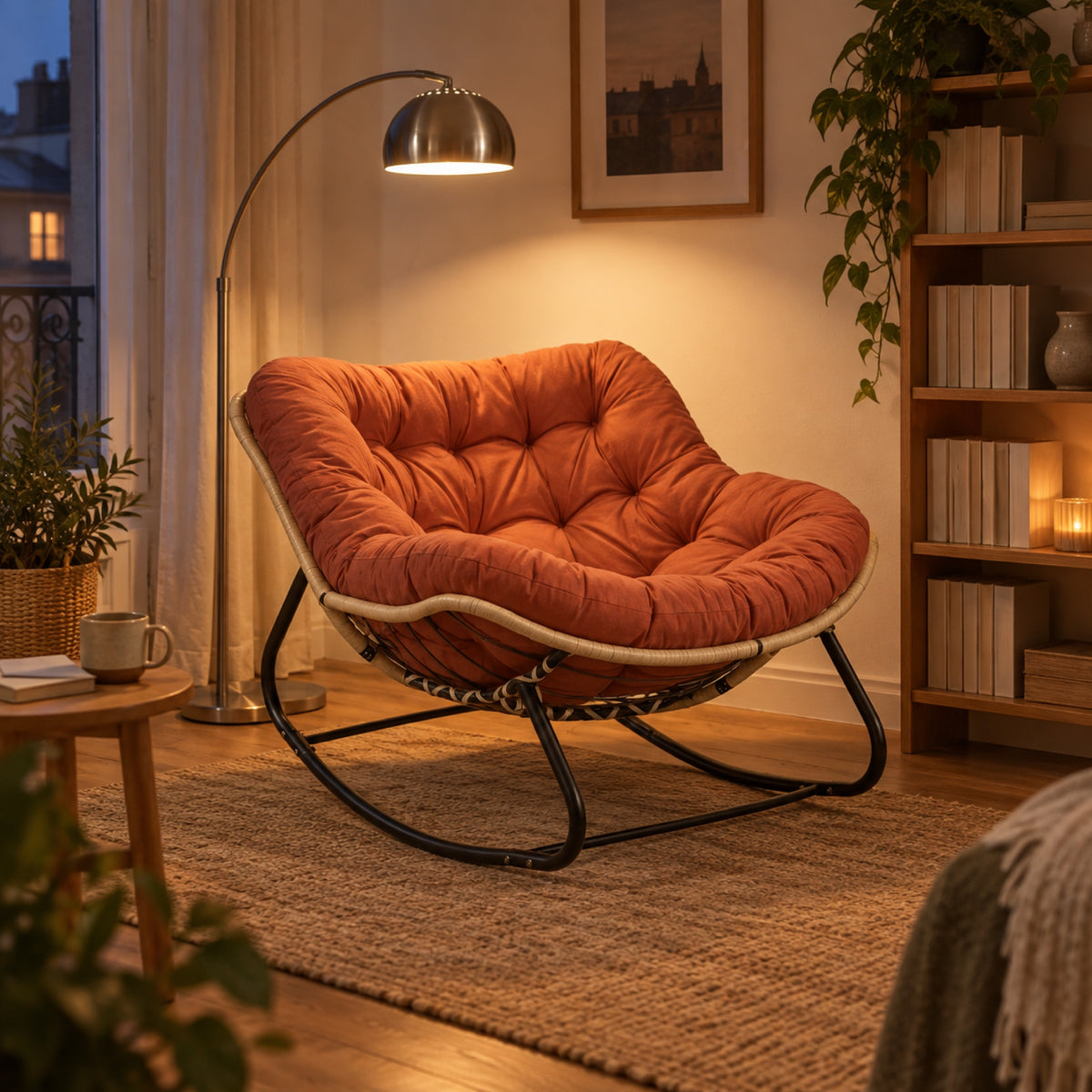Fauteuil à bascule XXL, coussin capitonné épais, mis en situation, coloris Terracotta