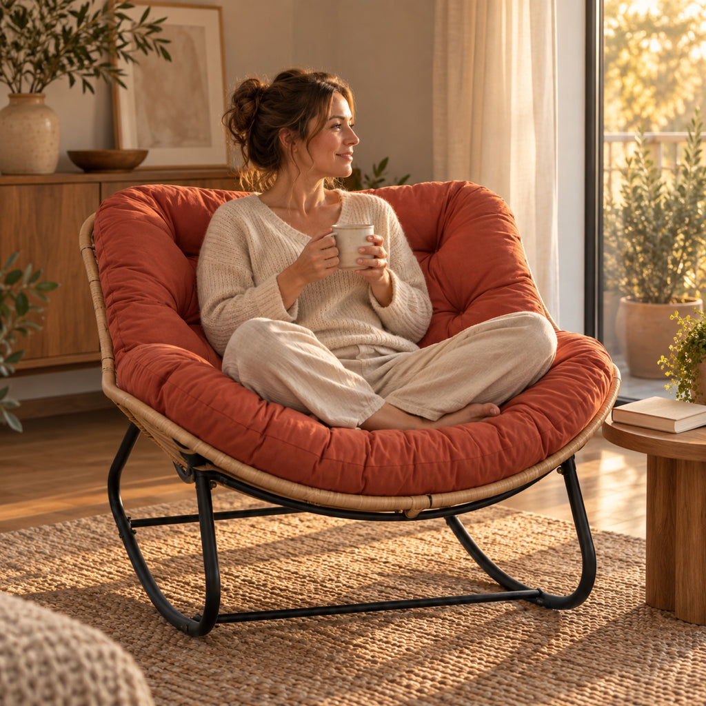 Fauteuil à bascule XXL, coussin capitonné épais, à l'usage, coloris Terracotta