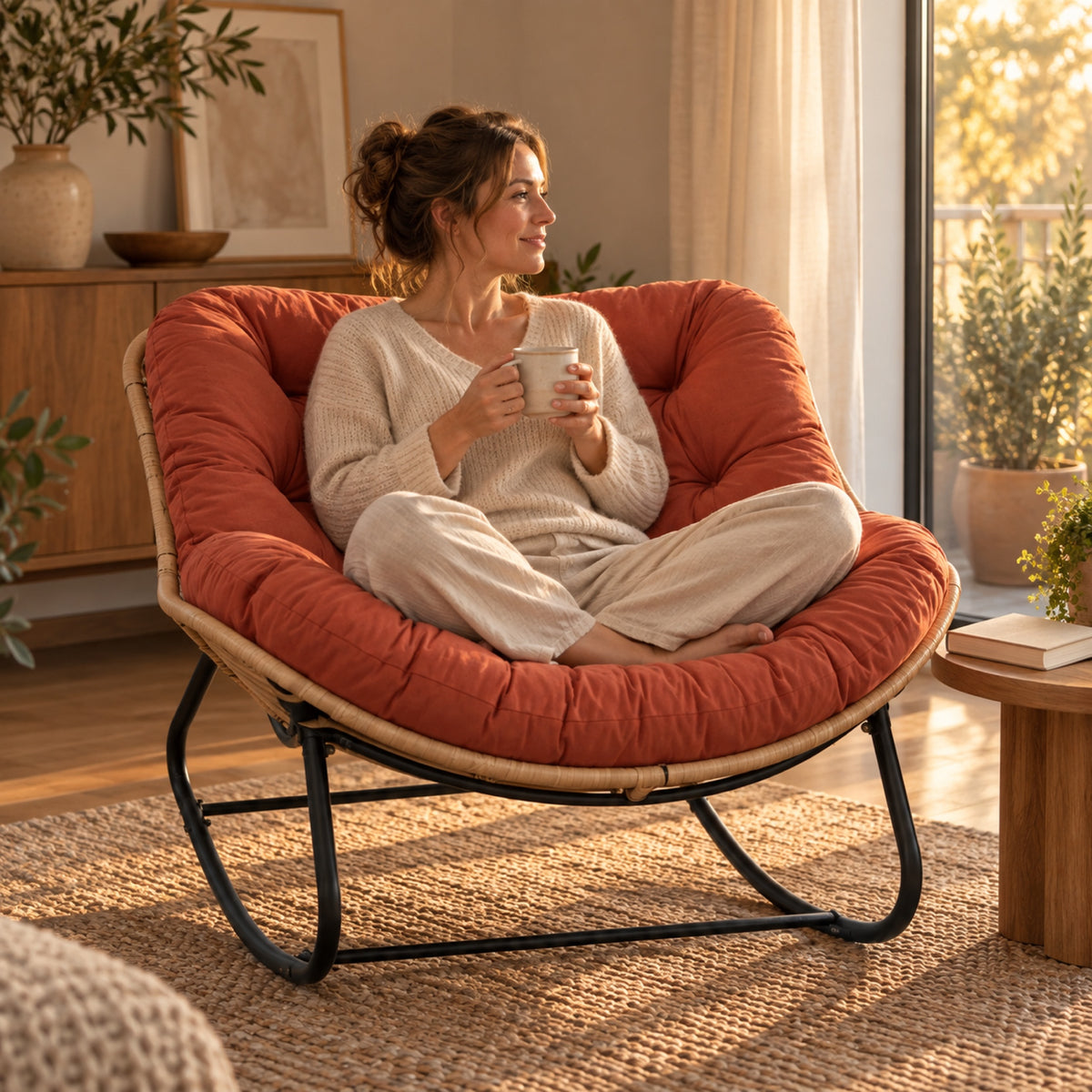 Fauteuil à bascule XXL, coussin capitonné épais, à l'usage, coloris Terracotta