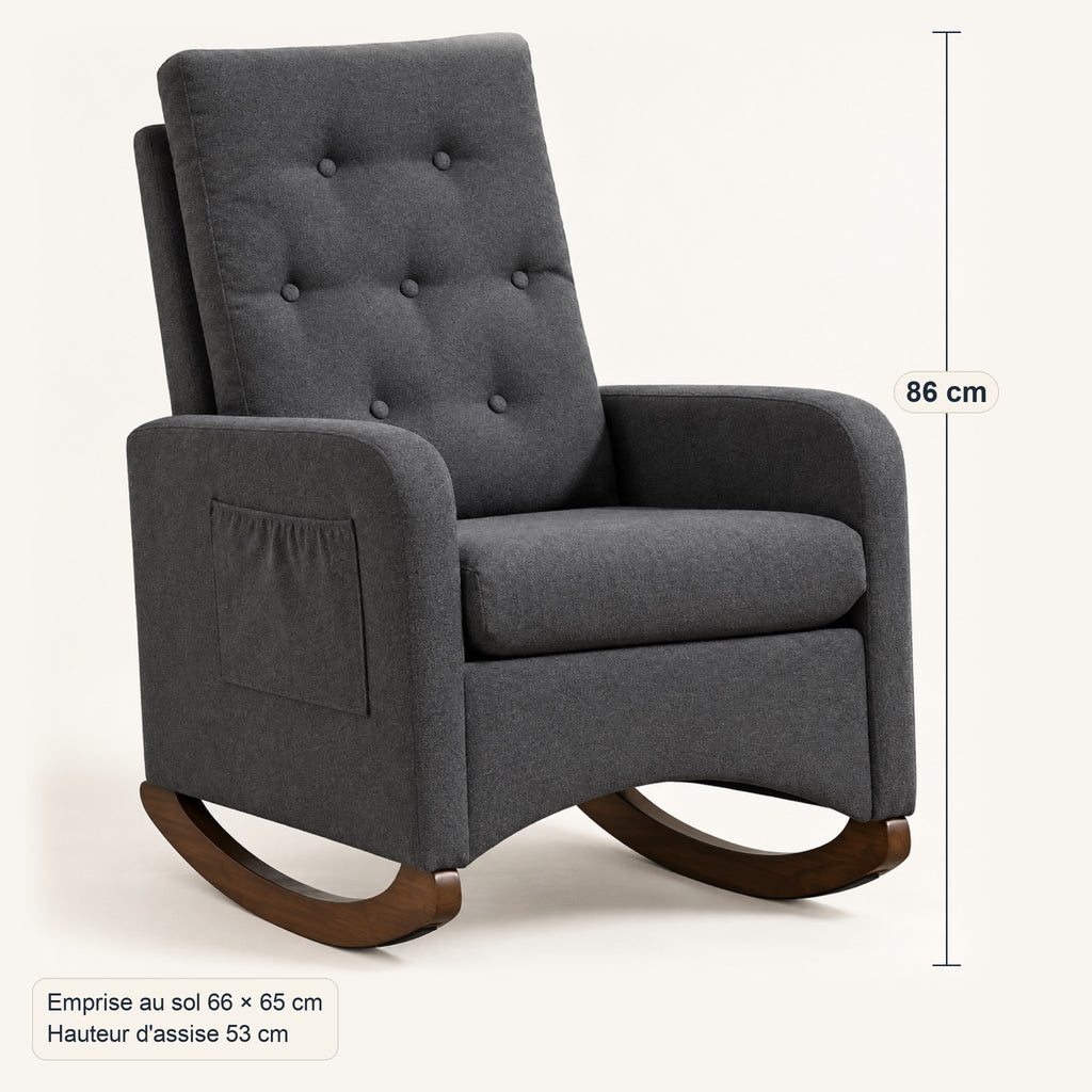 Fauteuil à bascule d'allaitement capitonné, poches latérales, dimensions, coloris Gris anthracite