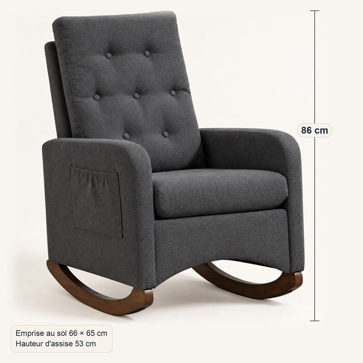 Fauteuil à bascule d'allaitement capitonné, poches latérales, dimensions, coloris Gris anthracite