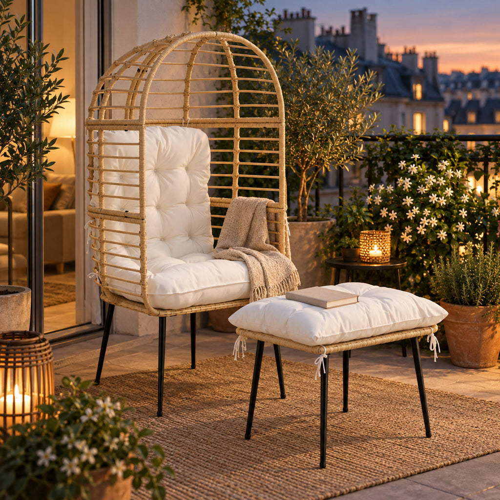 Fauteuil cocon sur pieds en résine tressée, avec pouf, vue principale