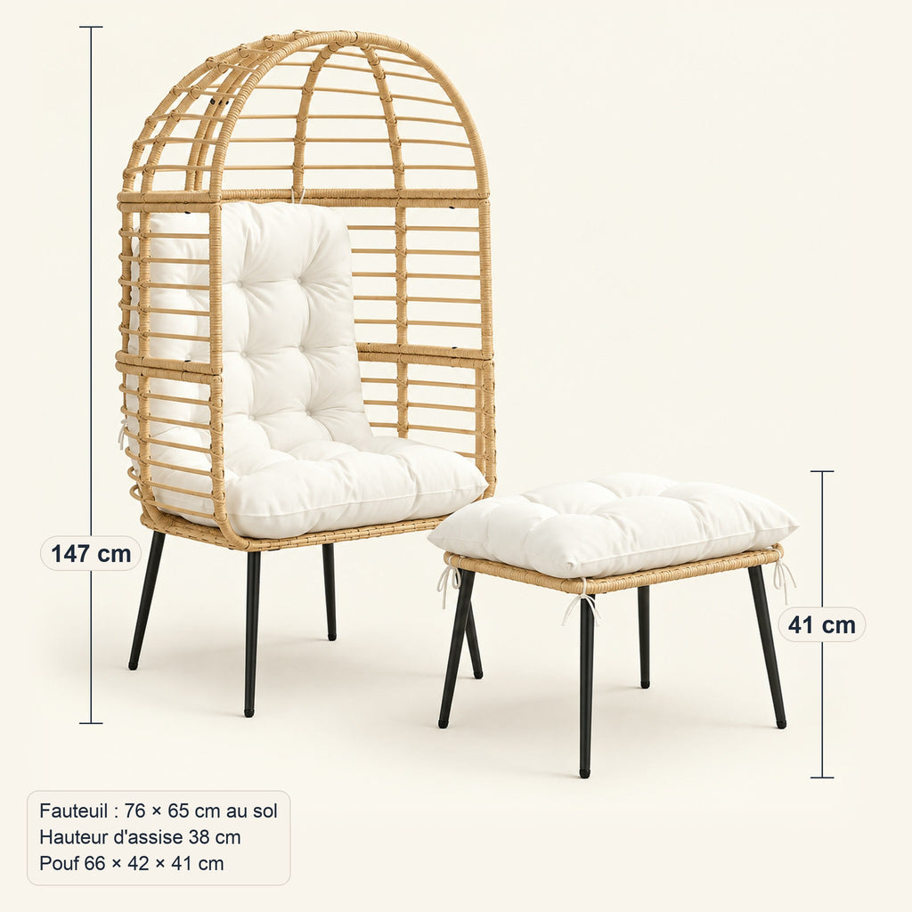 Fauteuil cocon sur pieds en résine tressée, avec pouf, dimensions