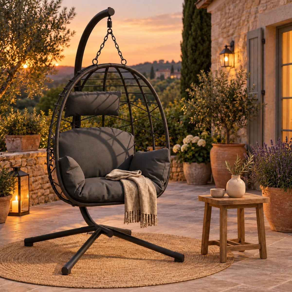 Fauteuil cocon suspendu en rotin, avec pied trépied – coloris noir