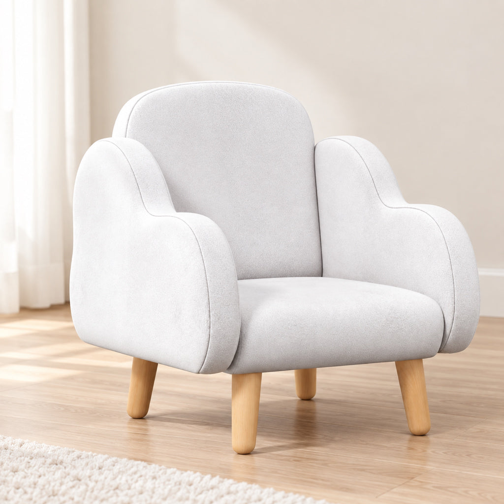 Fauteuil enfant nuage en tissu blanc, pieds effet bois, vue principale