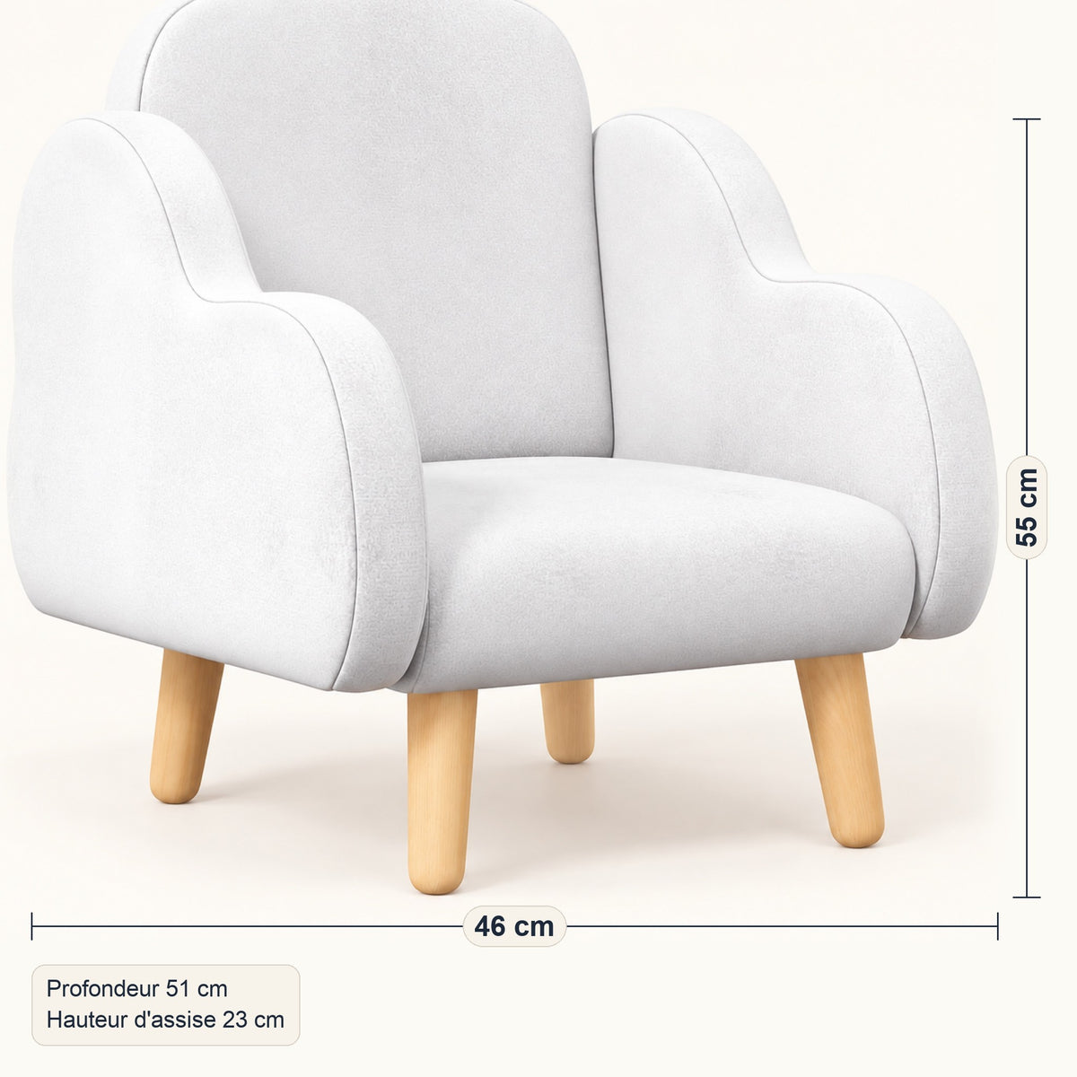 Fauteuil enfant nuage en tissu blanc, pieds effet bois, dimensions