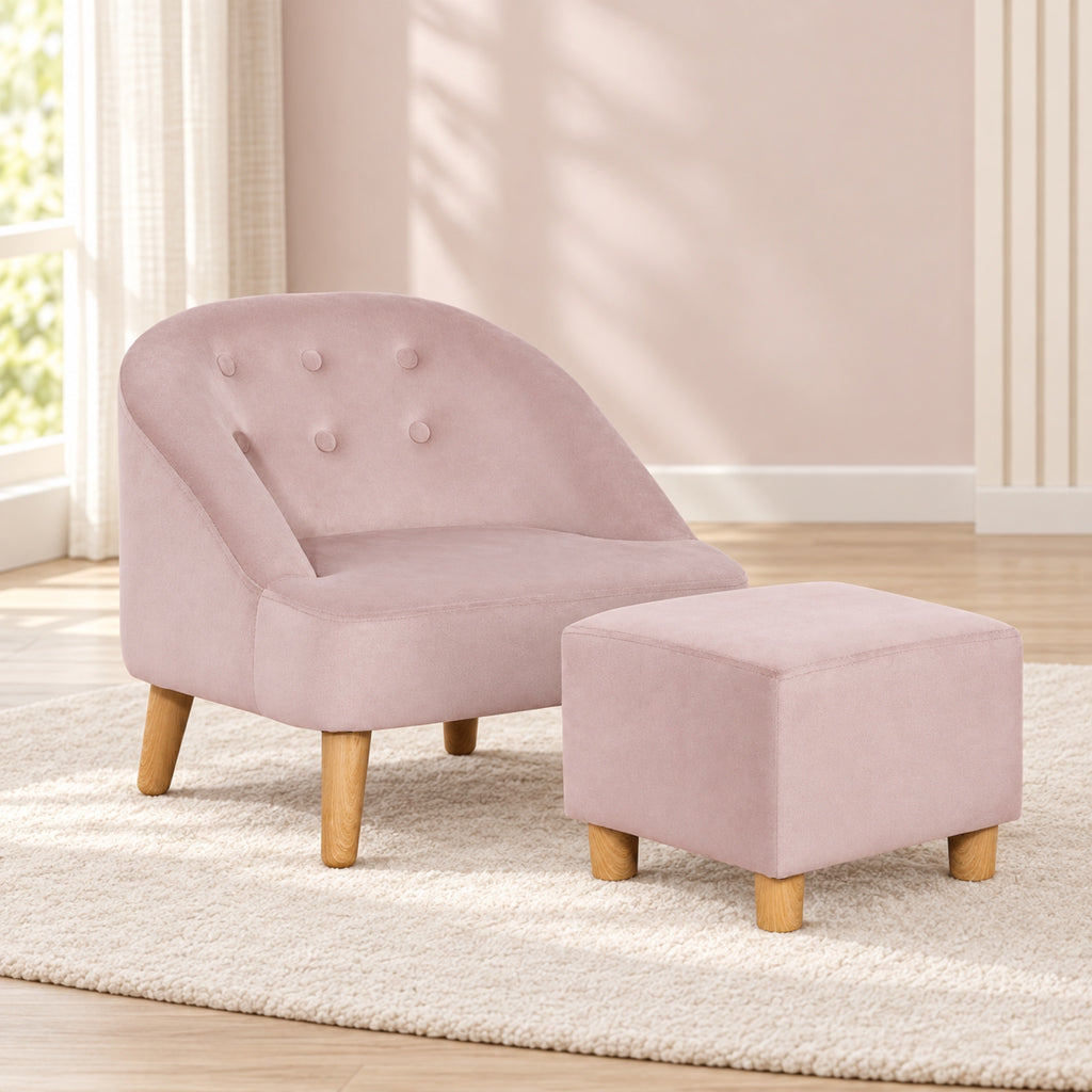 Fauteuil enfant en velours rose avec pouf assorti, vue principale