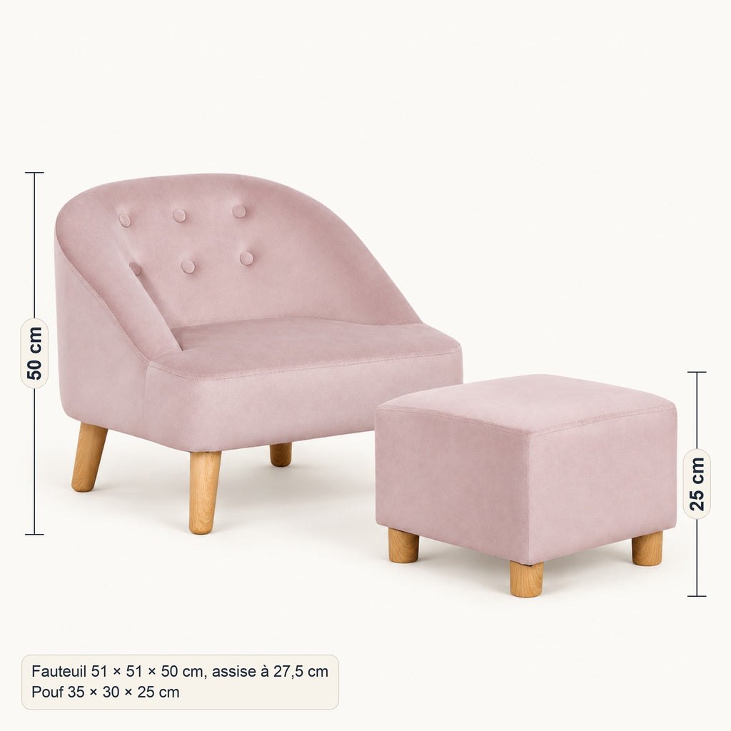 Fauteuil enfant en velours rose avec pouf assorti, dimensions