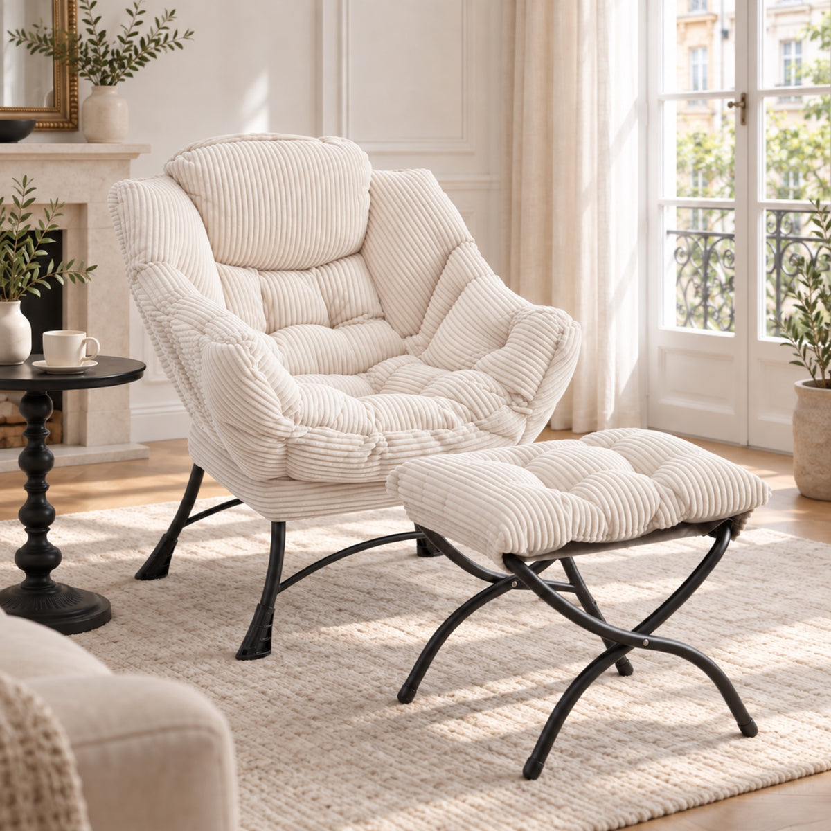 Fauteuil lounge moelleux en tissu côtelé, avec pouf, coloris Crème
