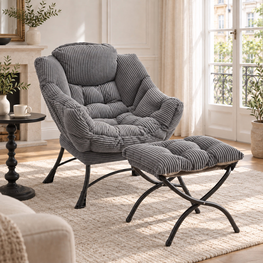 Fauteuil lounge moelleux en tissu côtelé, avec pouf, coloris Gris