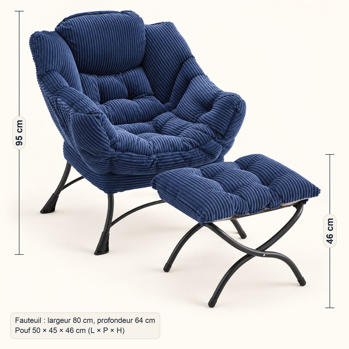 Fauteuil lounge moelleux en tissu côtelé, avec pouf, dimensions, coloris Bleu nuit