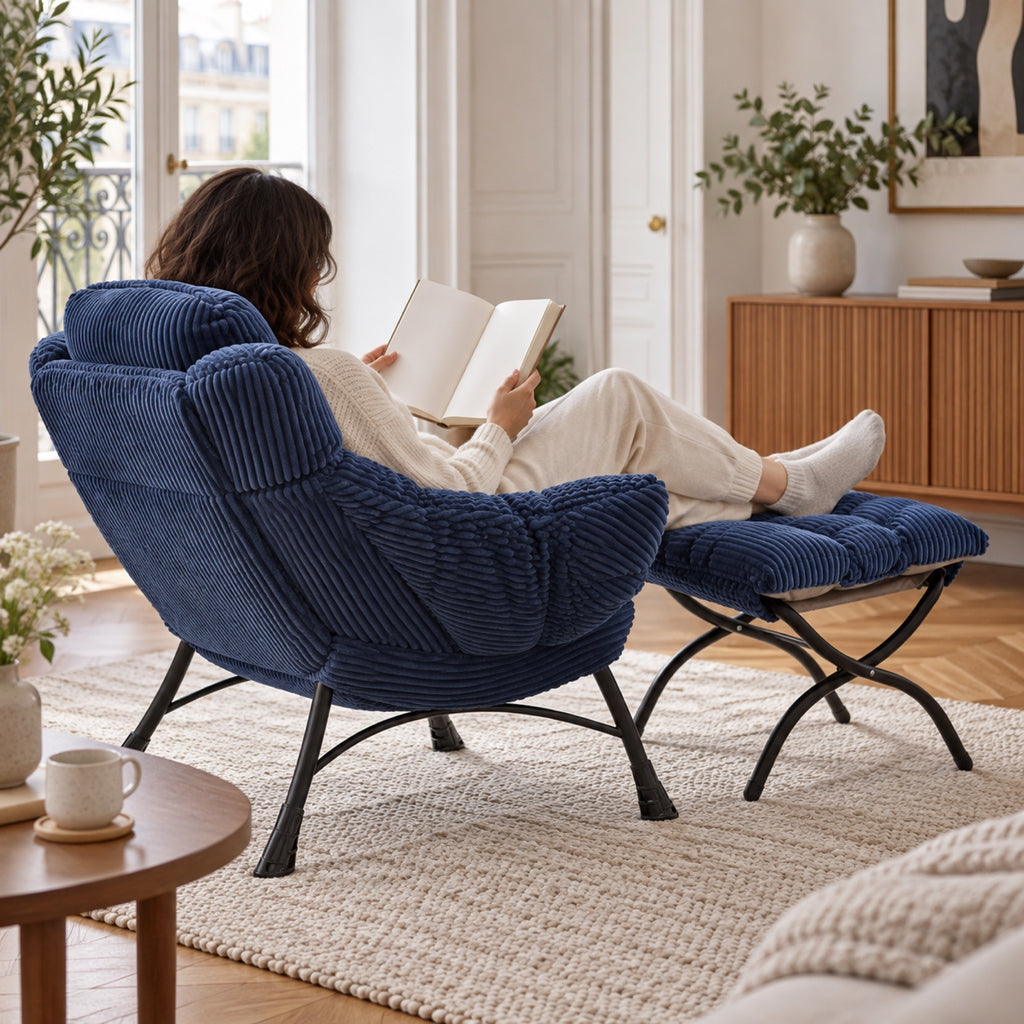 Fauteuil lounge moelleux en tissu côtelé, avec pouf, à l'usage, coloris Bleu nuit