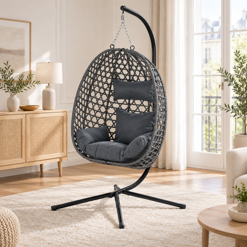 Fauteuil œuf suspendu sur pied, rotin gris ou noir, vue principale, coloris Gris