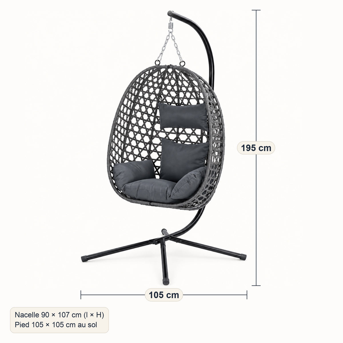 Fauteuil œuf suspendu sur pied, rotin gris ou noir, dimensions, coloris Gris
