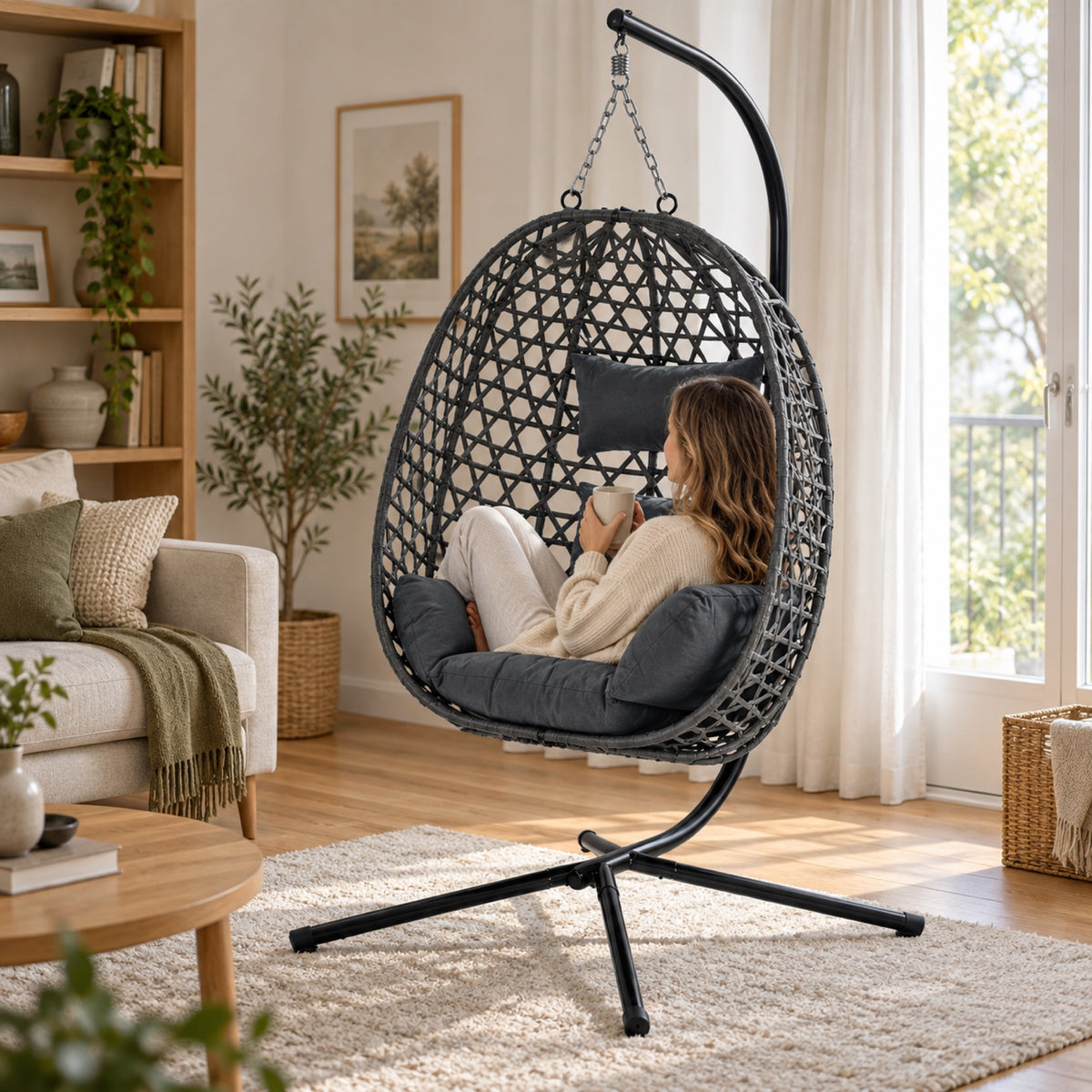 Fauteuil œuf suspendu sur pied, rotin gris ou noir, à l'usage, coloris Gris