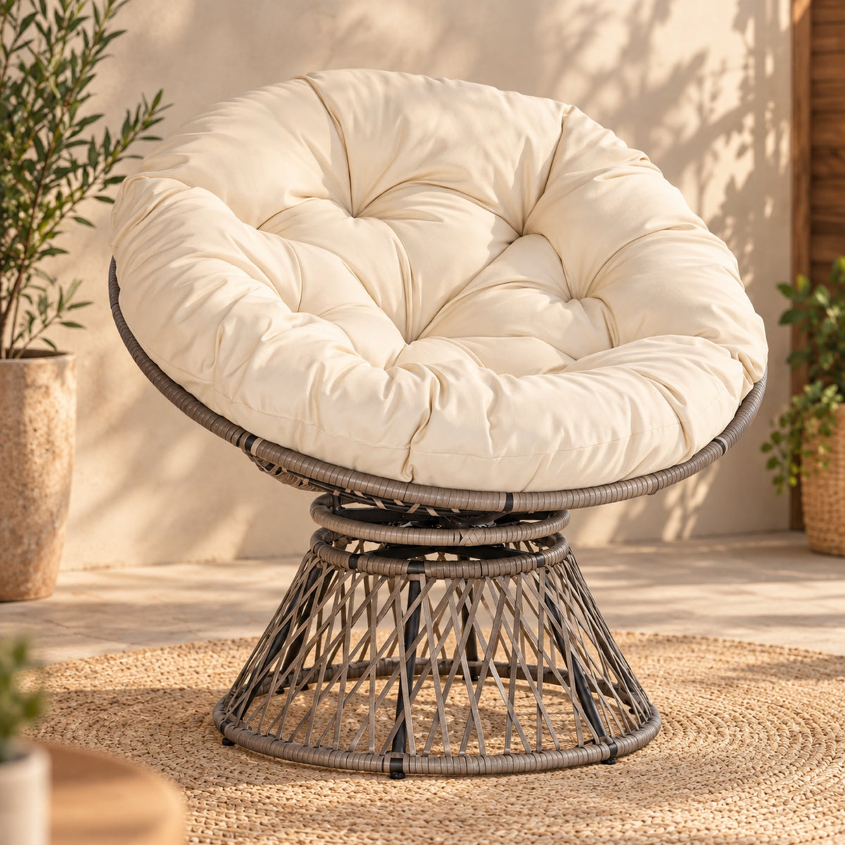 Fauteuil papasan pivotant en résine tressée, coussin crème, mis en situation