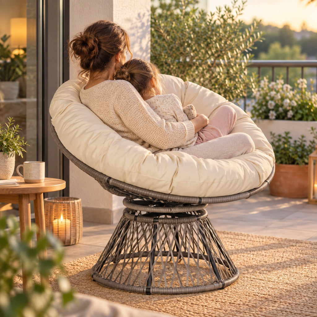 Fauteuil papasan pivotant en résine tressée, coussin crème, à l'usage