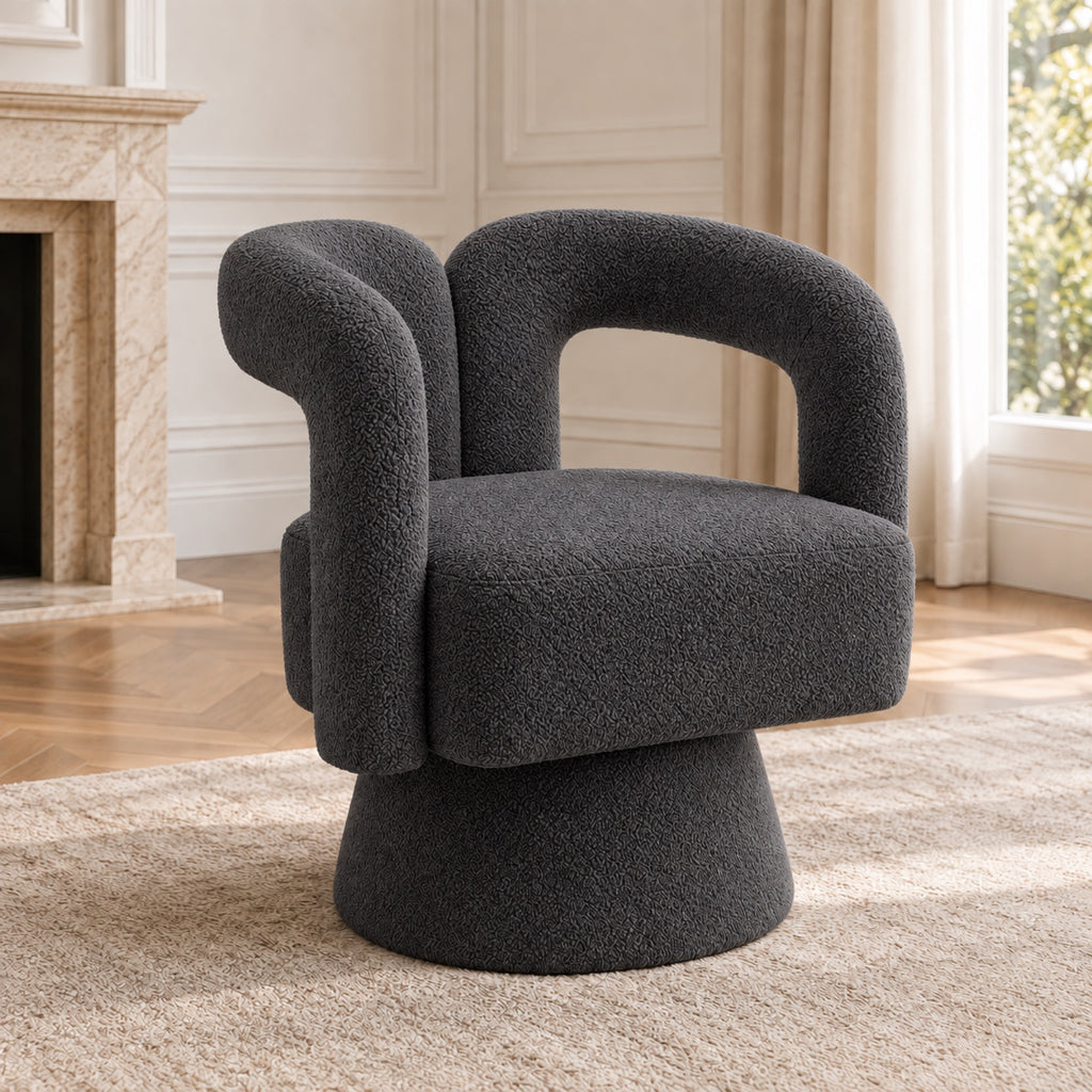 Fauteuil pivotant 360° en bouclette, dossier sculpté, coloris Gris anthracite