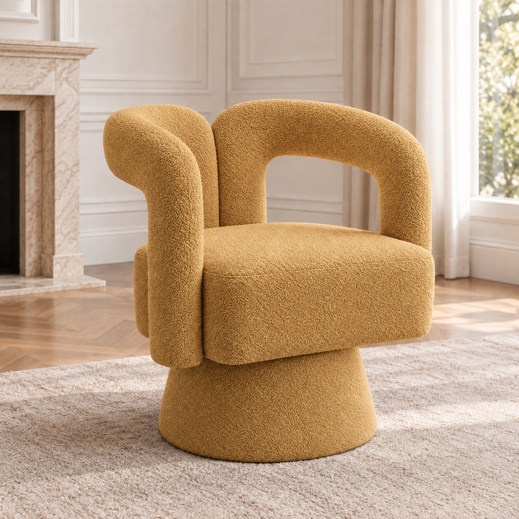 Fauteuil pivotant 360° en bouclette, dossier sculpté, coloris Ocre