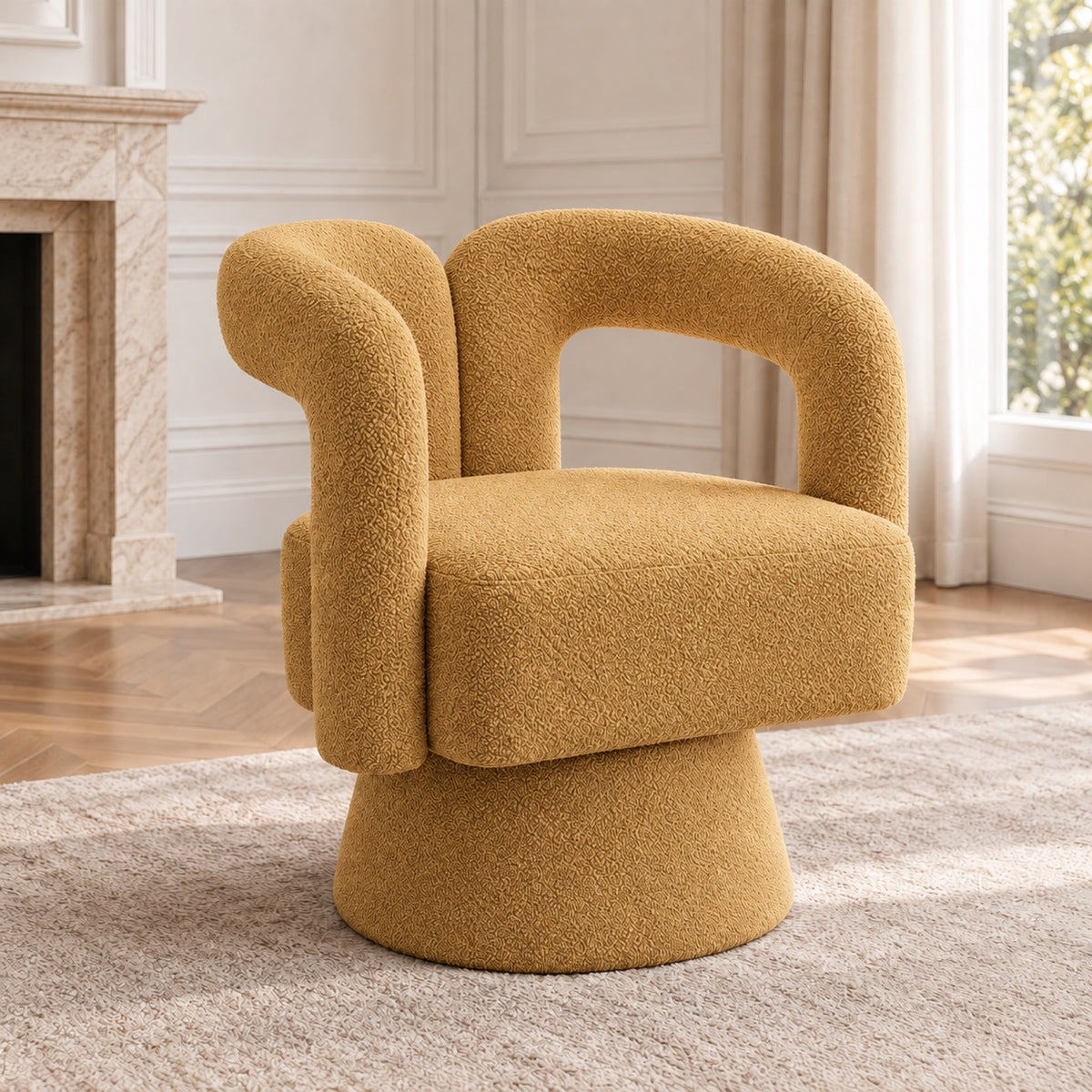 Fauteuil pivotant 360° en bouclette, dossier sculpté, coloris Ocre