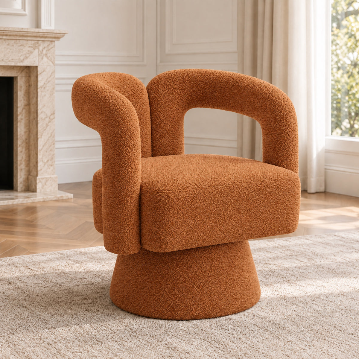 Fauteuil pivotant 360° en bouclette, dossier sculpté, coloris Terracotta