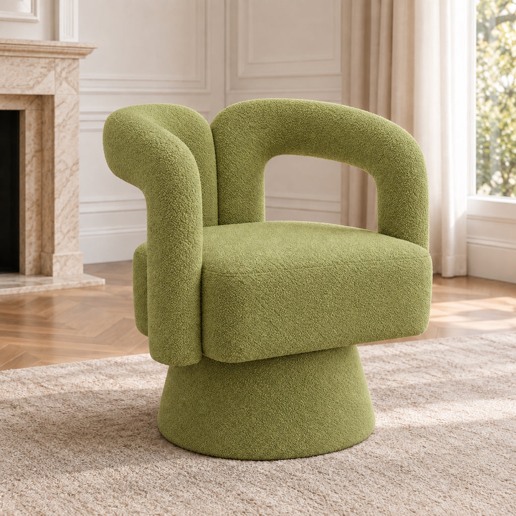 Fauteuil pivotant 360° en bouclette, dossier sculpté, coloris Vert olive