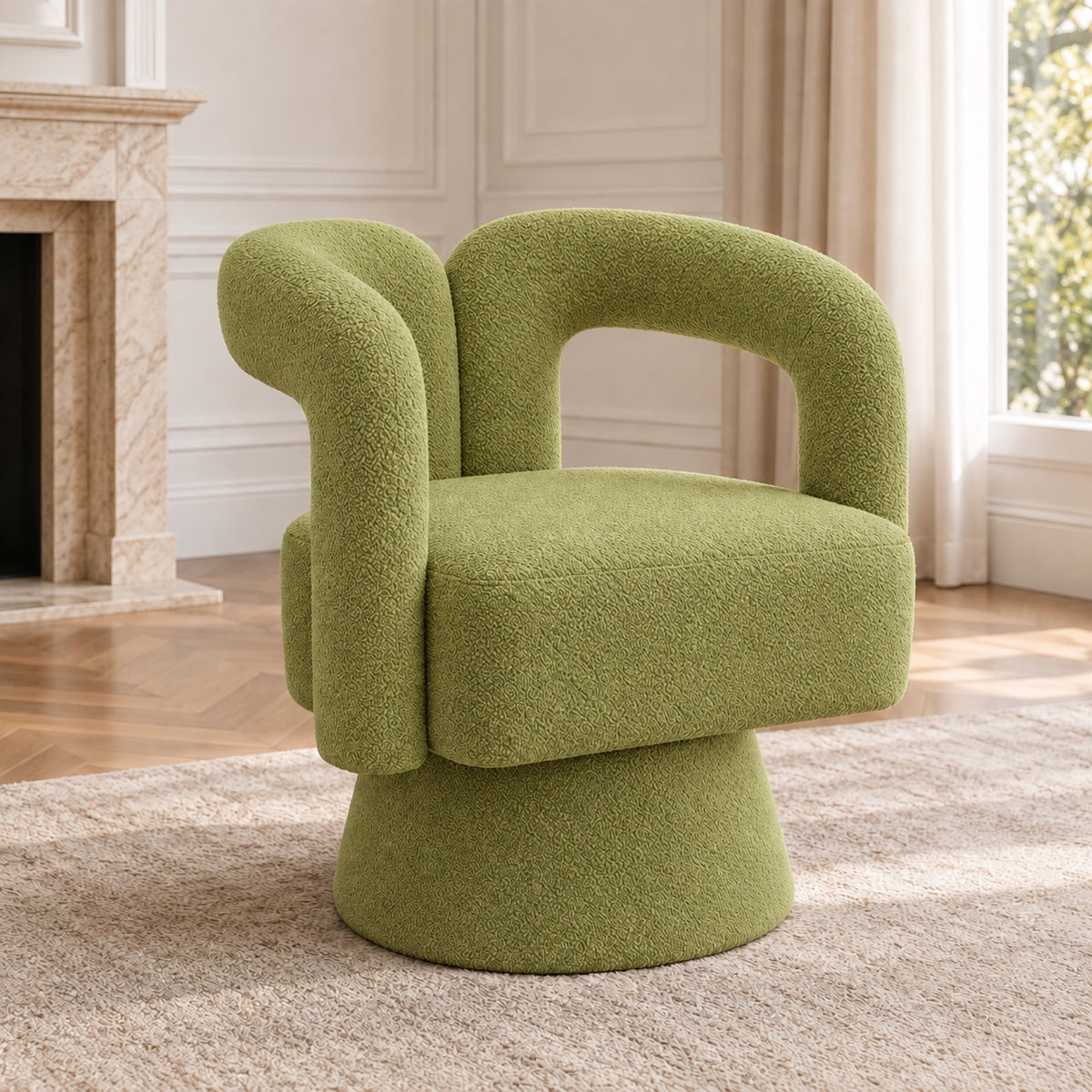 Fauteuil pivotant 360° en bouclette, dossier sculpté, coloris Vert olive