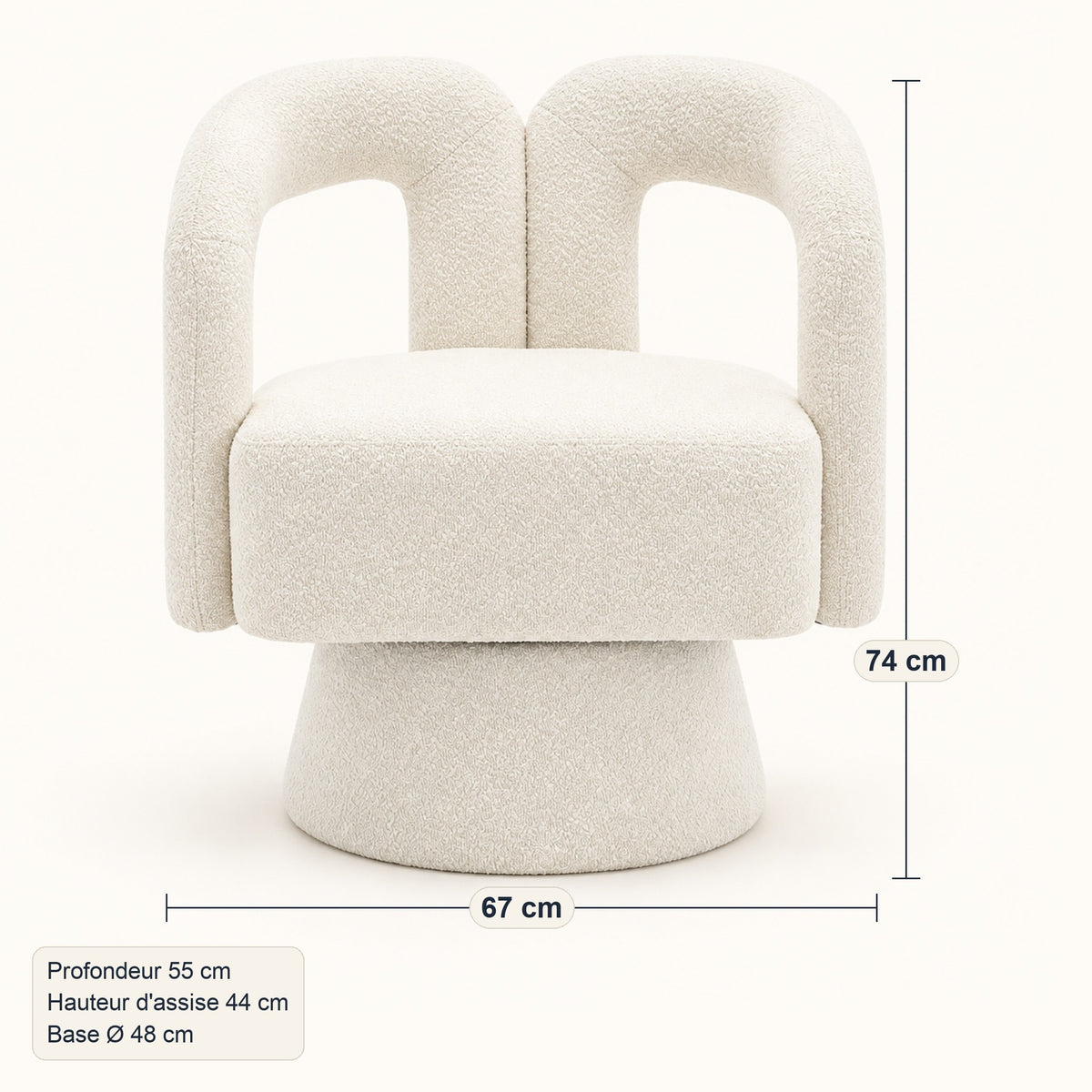 Fauteuil pivotant 360° en bouclette, dossier sculpté, dimensions, coloris Blanc cassé