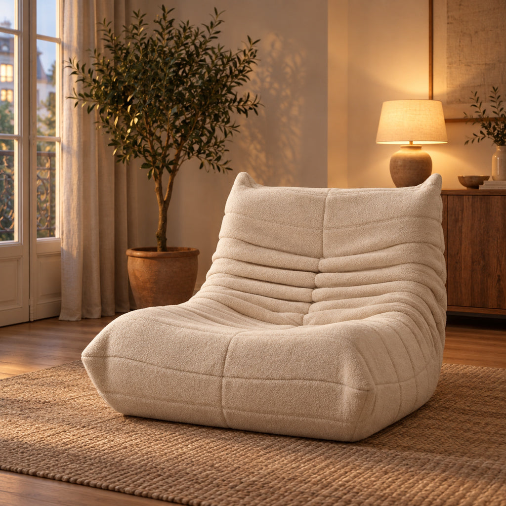 Fauteuil pouf matelassé en bouclette sherpa, vue principale, coloris Beige crème