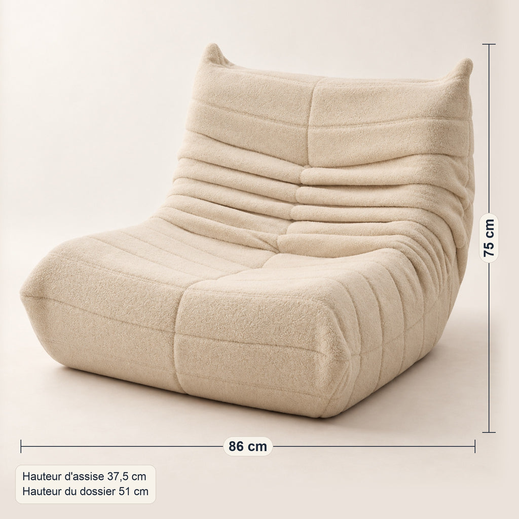 Fauteuil pouf matelassé en bouclette sherpa, dimensions, coloris Beige crème