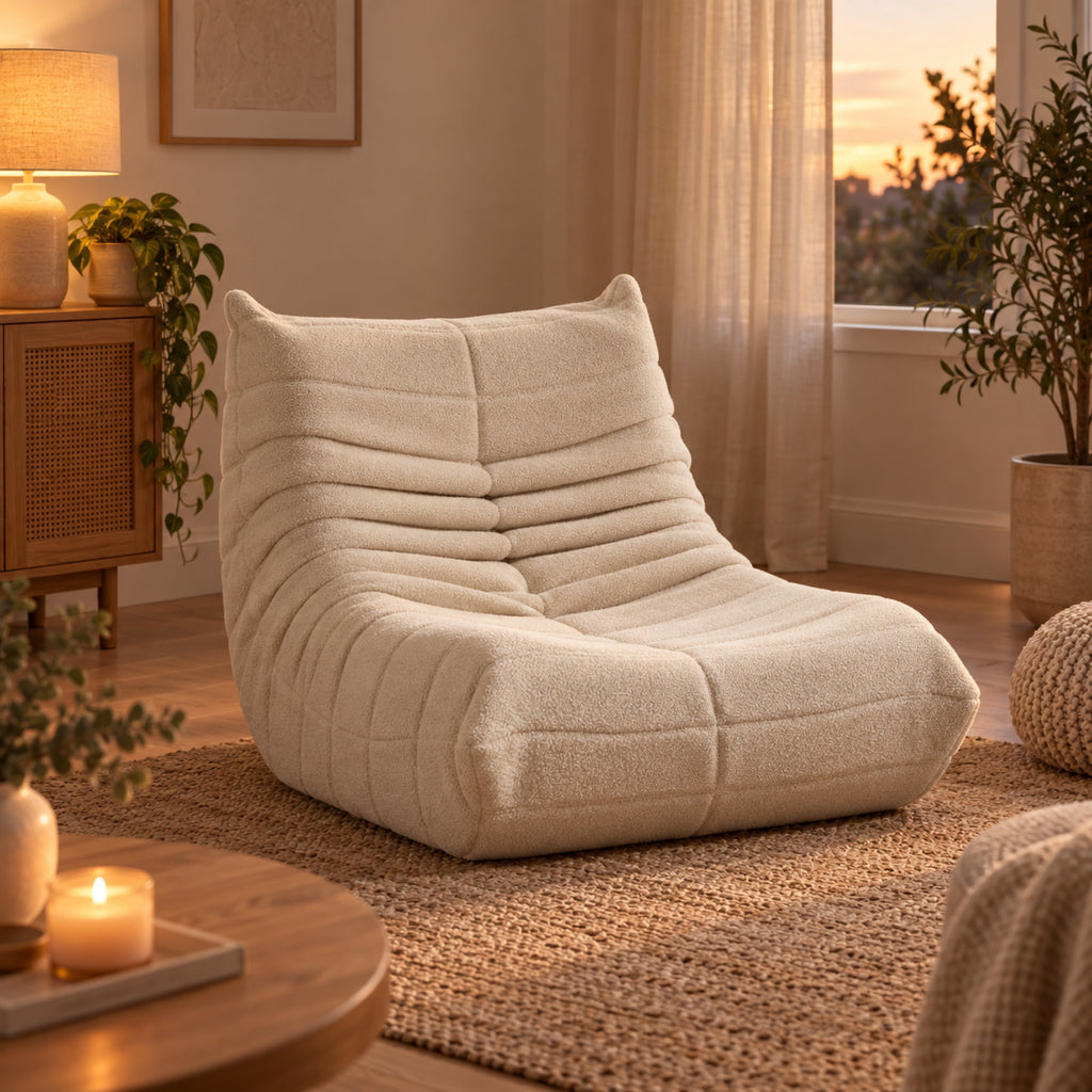 Fauteuil pouf matelassé en bouclette sherpa, mis en situation, coloris Beige crème