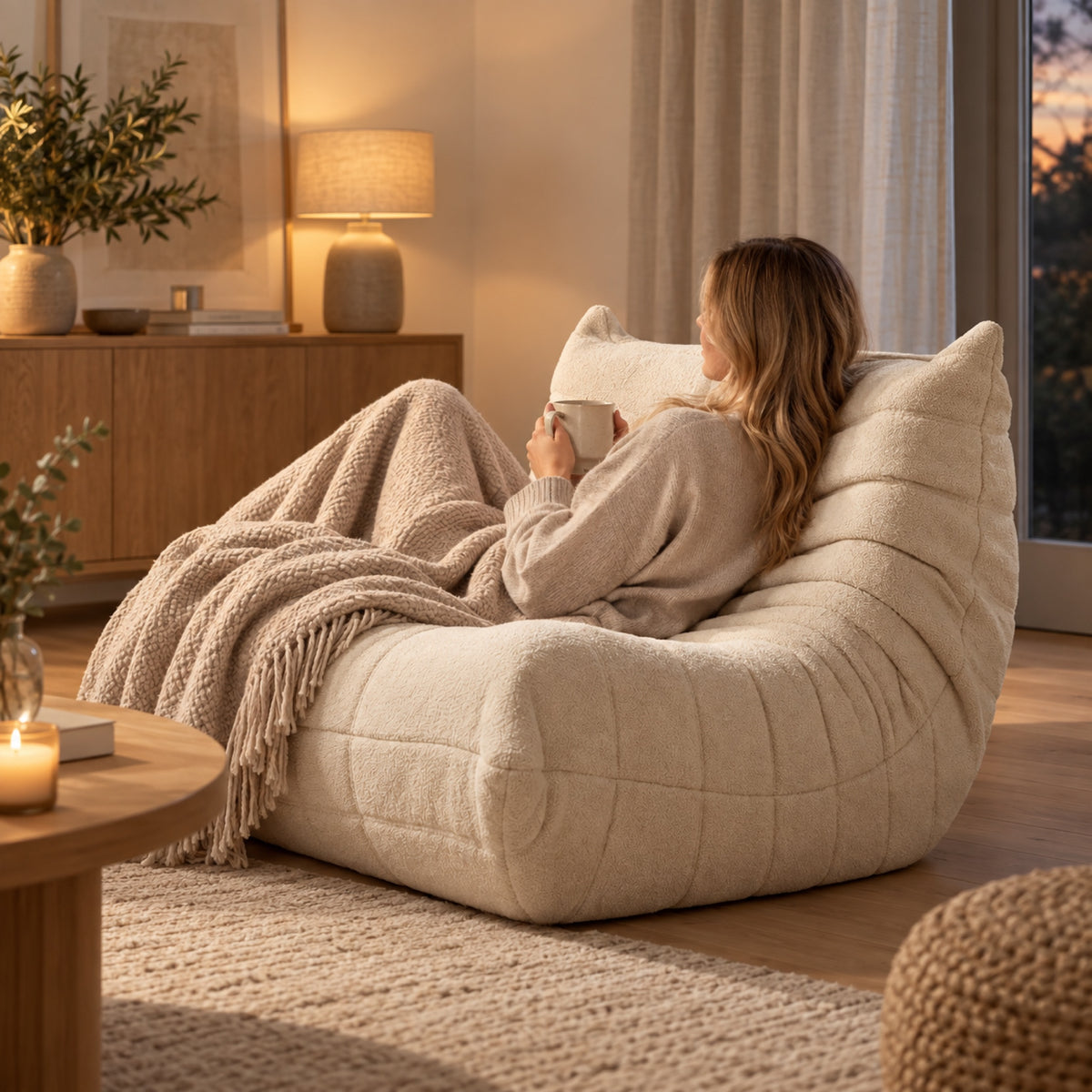 Fauteuil pouf matelassé en bouclette sherpa, à l'usage, coloris Beige crème