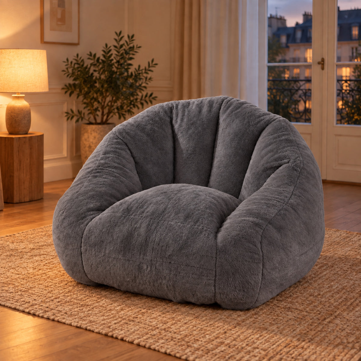 Grand fauteuil pouf en fausse fourrure, dossier arrondi, coloris Gris anthracite