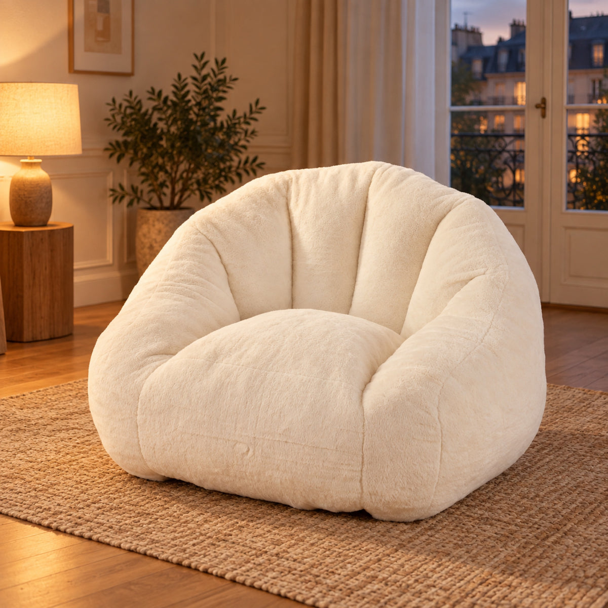 Grand fauteuil pouf en fausse fourrure, dossier arrondi, vue principale, coloris Crème