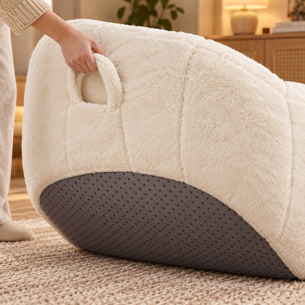 Grand fauteuil pouf en fausse fourrure, dossier arrondi, détail de fabrication, coloris Crème