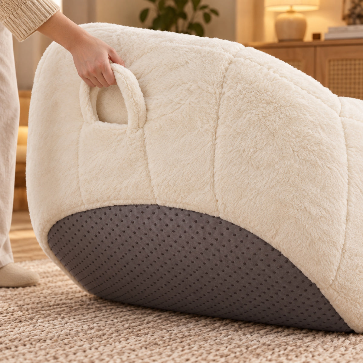 Grand fauteuil pouf en fausse fourrure, dossier arrondi, détail de fabrication, coloris Crème