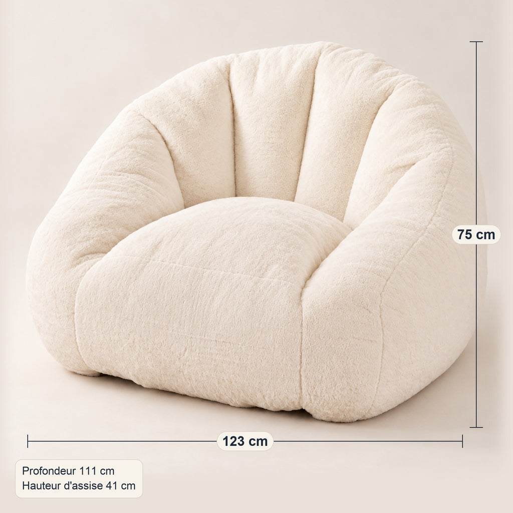Grand fauteuil pouf en fausse fourrure, dossier arrondi, dimensions, coloris Crème
