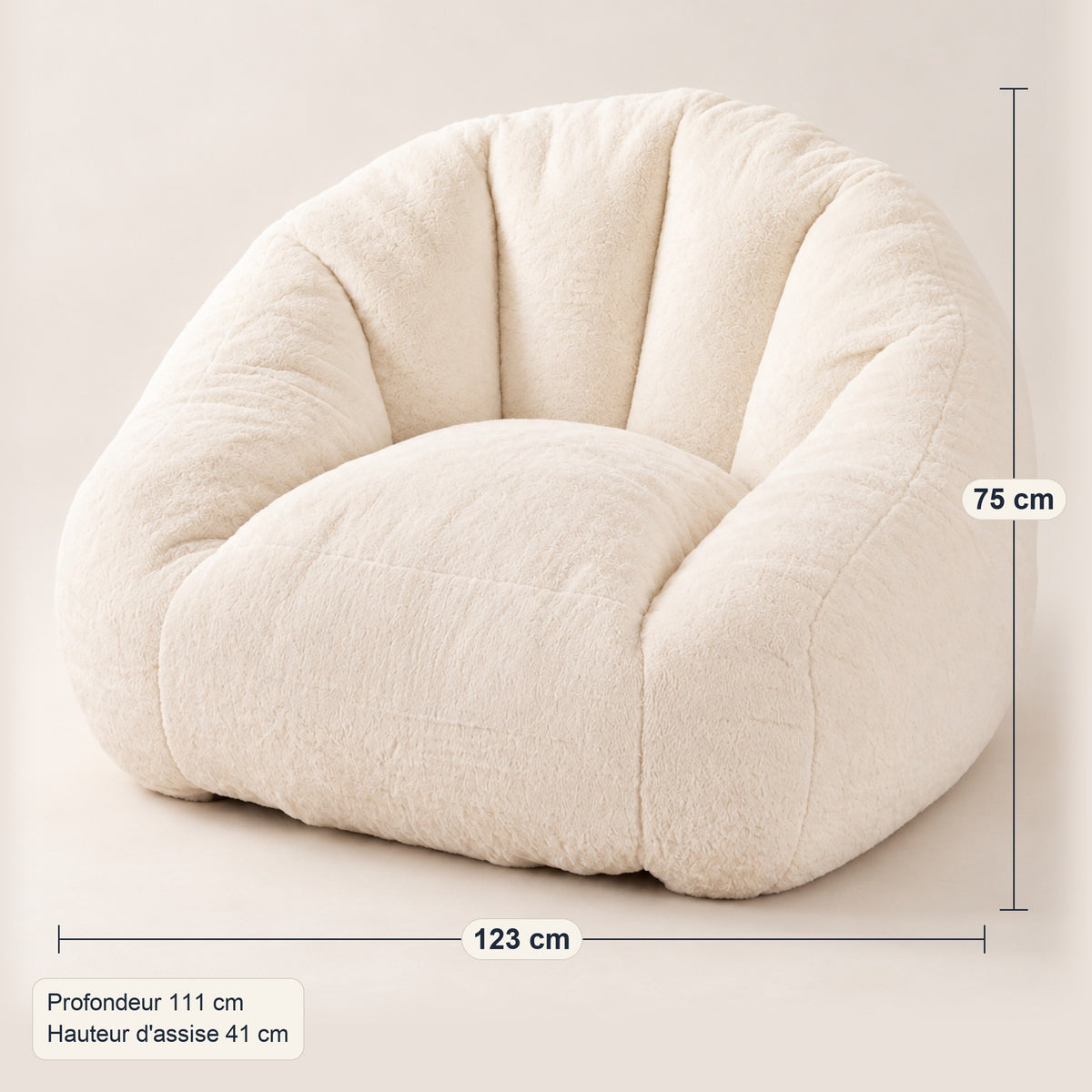 Grand fauteuil pouf en fausse fourrure, dossier arrondi, dimensions, coloris Crème