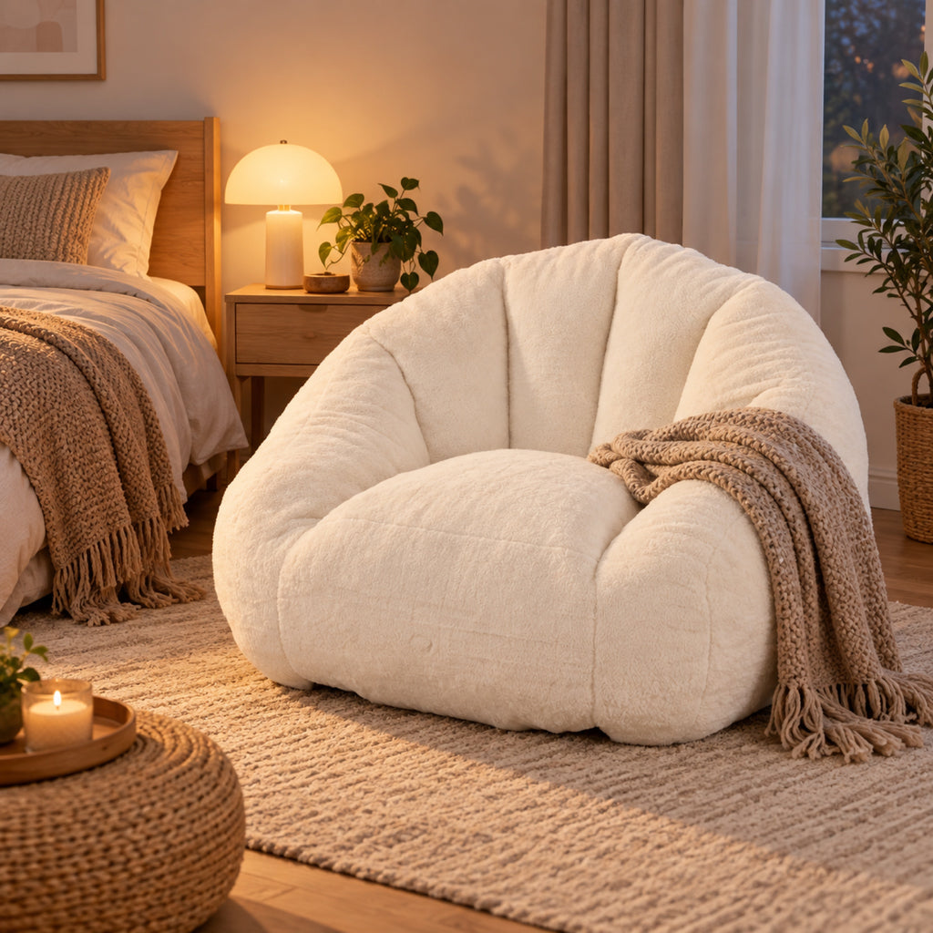 Grand fauteuil pouf en fausse fourrure, dossier arrondi, mis en situation, coloris Crème